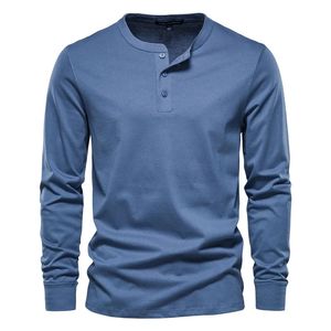 Aiopeson Henley kołnierz T Shirt Mężczyzn Men Casual Solid Kolor Długie rękaw na jesień Wysokiej jakości 100% bawełniane koszule męskie 240409