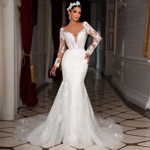 NUOVO Romantico Scollo Scollo perline per perline lunghe abito da sposa sirena Spleques Appliques staccabile Trumpet Abito da sposa 2024