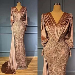 Formal Elegant Mermaid Arabic V-Neck Evening Dresses Long Sleeves Lace Applique Women Brown Celebrity Party Gowns Prom Special Ocn Wear Plus Size