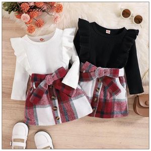 Roupas Conjuntos de roupas da primavera meninas de garotas Conjunto de moda elegante clássico crianças roupas de verão Big Bow Skirt Tops 1-4t Roupas infantis para meninas