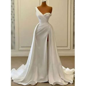 Shoulder White One Sleeveless Satin Split Prom Dresses Beading Arabic Long Evening Gown Robe De Soiree