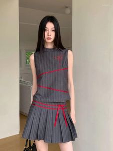 Sukienki robocze Summer Kobiety stary stary pieniądze 2000. 2-częściowy zestaw zbiorników w paski A-line mini plisowane spódnice Koreańska moda