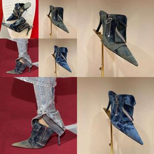 Yıkanmış vintage denim terlik yan zip cep slaytları sandalet topuklular üzerinde stiletto üzerinde kayma sivri ayak ayakkabıları kadın tasarımcısı 9cm akşam ayakkabı boyutu 35-41 orijinal kalite