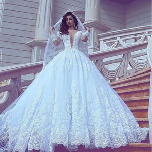 Rękawowe kula długie suknie koronkowe sukienki ślubne 2017 szata Mariage Applique vestido de noiva księżniczka arabska suknie ślubne