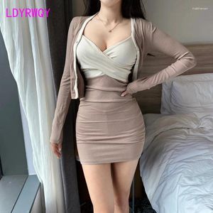 Work Dresses South Korea 2024 Autumn/Winter Style Slim Fit V-Neck Strap Dress Long Sleeve Cardigan T-shirt Two Piece Set