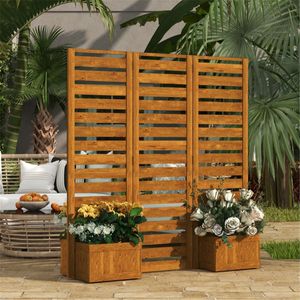 Outdoor Wooden Planter Box with Hinged Privacy Screen and Self-Draining Planters