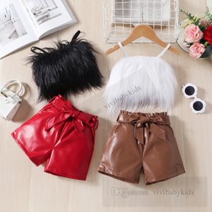 Summer Girls Clothes Set Kids Plush Suspender Tops With PU Leather Bows Belt Shorts 2st Fashion Children Casual Outfits Z7922