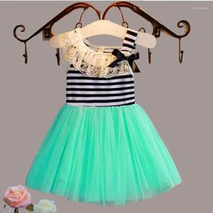 Flickaklänningar 2024 Summer Baby Dress Stripe Bow Party Tutu Princess Puffy Tulle Infantil Spets Kids For Girls Clothes