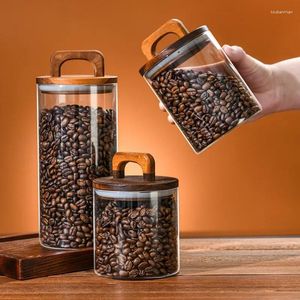 Storage Bottles Grounds Tea Kitchen Glass Lid Food Beans Jar Sealed Container Airtight Coffee Wood Canister