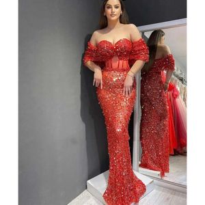 Ramię długie błyszczące czerwone sukienki wieczorne arabskie Bling cekiny syrena konkurs