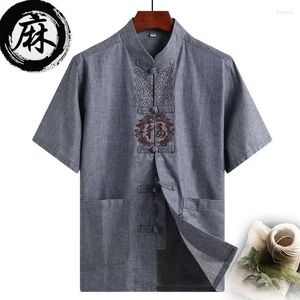 Ethnic Clothing Traditional Chinese Men's Shirt Retro Casual Linen Short Sleeved Tang Suit Tai Chi Martial Arts Tops Summer Clothes