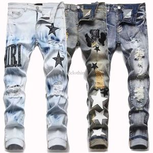 Piesze męskie designer dżinsy rozryte Hip Hop High Street Brand Pantalones Vaqueros para hombre motocykl haft motocyklowy