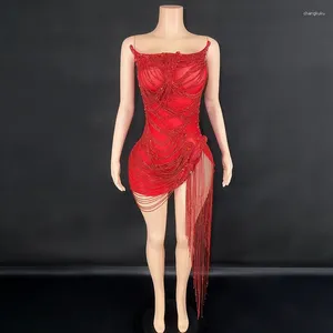 Stage Wear Sparkly Red Rhinestones Fringes Mesh See Through Short Dress For Women Sexy Celebrate Birthday Wedding Evening Prom