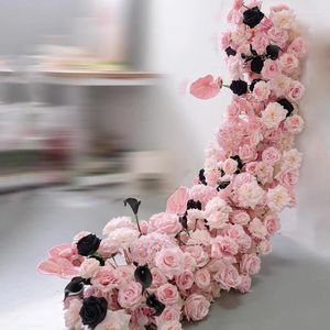 Fiori decorativi decorazioni per matrimoni di alta qualità rosa e nero corridore artificiale regale a fila el cerimonia dell'evento da tavolo da pranzo