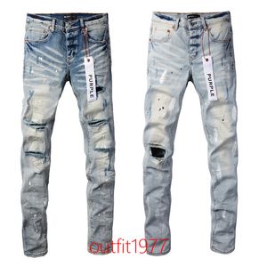 Nytt mode 2024 Slim 1: 1 Jeans Purple Brand Jeans High Street Blue Hole sliten tvätt
