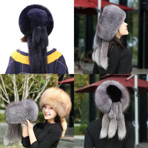 Настоящая меховая шляпа Berets для женщин с кожаной монгольской принцессой Pompom Winter теплый шапочка русские кеп