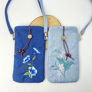 Bolsa de celular bordada Bolsa de celular hanfu saco de linho antigo saco de ombro pequeno bolsa de antiguidade literária fresca ombro único feminino zen ba