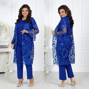 Elegant Lace Mothers Pant Suits With Long Sleeves Jacket Plus Size Wedding Guest Dress Beaded Jewel Neck Mother Of Bride Dresses