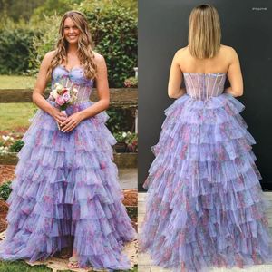 Party Dresses Print Floral Prom Dress Lilac Corset Bodice Ruffle Winter Spring Formal Evening Wedding Guest Guett Gureant Gala Runway