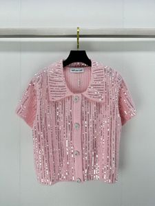 Trend 2024 Full Glitter Lapel Sticked Cardigan Short Sleeved Women's Spring/Summer New Short Top