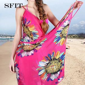 Tryckta täckningar sexiga strand drar halter sling chiffong handduk bikini wrap pareo kjolar öppen backkläder 240416