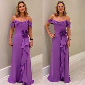 Elegant grape Mother Of The Bride Dresses off shoulder chiffon Wedding Guest Dress appliqued peplum ruffle floor length Evening Gowns