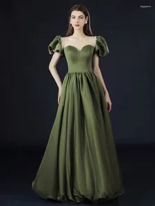Party Dresses Olive Green Evening Satin Beading O Neck Women Princess A-line Wedding Puff Sleeve Engagement Prom Gowns