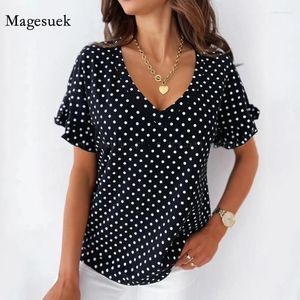 Women's T Shirts Summer V Neck Casual Loose Tshirt Fashion Short Sleeved Polka-dot Women Tops 2024 Female Tee Clothings 14086