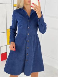 Casual Dresses Autumn Winter Solid Color Corduroy Warm Women High midje Lapel Single-Breasted Cardigan Dress Elegant British Style Gown
