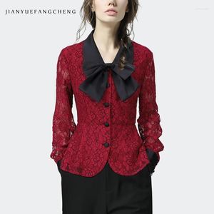 Women's Blouses Women' Long Sleeve Red Lace Top With Bow Necktie Spring Elegant Slim Hook Flower Hollow Floral Shirts Vintage Casual