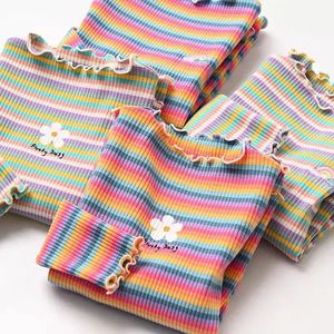 Childrens T-Shirts Color Stripe Flower Printing Kids Clothes for 2 To 6 Years Girls Tshirts Boutique Outfits for Girls 240424