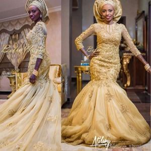 Gold Lace Arabic Mermaid 2017 Bröllopsklänningar Afrikanska nigerianska applikationer Tre kvart ärmar Brudklänningar med Tulle Wrap