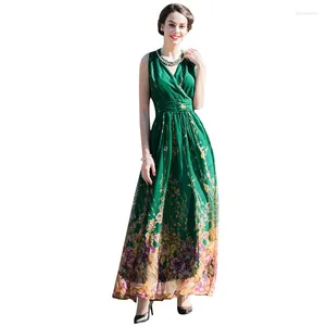 Casual Dresses DF V Neck Flowers Printed Beach Dress Summer Famous Sleeveless Clothing Luxury Maxi Slim Midje 6105