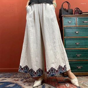 Calça feminina estilo étnico chinês bordado bordado fino de perna larga retro versátil de cintura alta de nove pontos para mulheres