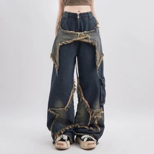 Y2K Vintage Women Denim Jeans Korean Streetwear Oversize Star Aesthetic Straight Trousers Wide Leg Jeans Grunge Pants Clothes 240420
