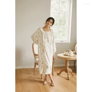 Women's Sleepwear Women Autumn Full Sleeves Cotton Long Nightdress Girls Sweet Lace Round Neck Printed Cardigan Nightgowns Loose Home