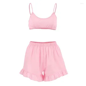 Kvinnors sömnkläder 2st Loungewear Breattable Sexig bomullspyjamasuppsättning Ruffled rosa korta uppsättningar Löst kvinnliga sommarfjäderunderkläder