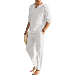 Men's Tracksuits White Linen Trousers Men S Summer Cotton Clothes Solid Color Long Sleeve Henley Shirt Elastic Waist Drawstring Pants 2