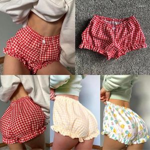 Kvinnors shorts kawaii y2k estetiska rutiga kvinnor söt bow pyjamas lounge korta byxor sömn bottnar elastisk midja avslappnad ruched sweatshor