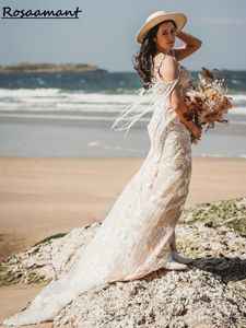 Charming Spaghetti Straps Tassel Mermaid Wedding Dresses Sleeveless Floral Appliques Lace Bridal Gowns Robe De Mariee