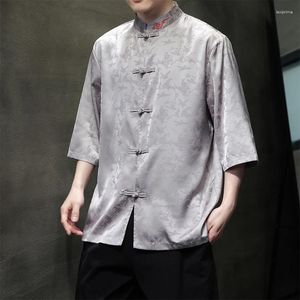 Roupas étnicas de estilo chinês tradicional iCesilk camisa de tang de mangas curtas 2024summer stand colar jacquard mass bordados hanfu top