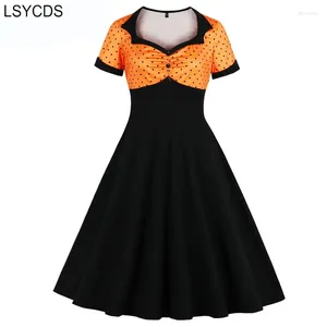 Abiti per feste Lsycds Donne vestito arancione e nero Black High Vintage anni '50 Pin Up Schermo Pulsante Polka Polka Dot