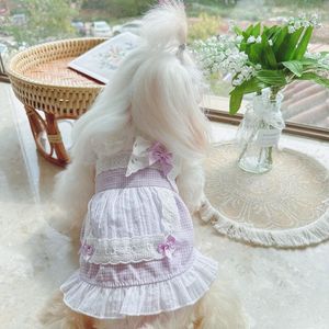犬のアパレル紫色の格子縞のドレス服フラッタースリーブメイドレトロスカート小犬服猫夏のファッション甘いペット製品
