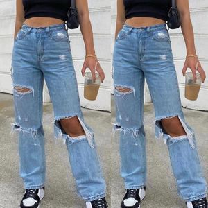 Kvinnors jeans höga midjehål rippade rak mamma kvinnor casual streetwear 90 -tal baggy wide ben pojkvän byxor ihåliga denimbyxor