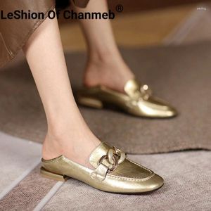 Casual Shoes LeShion Of Chanmeb Women Genuine Leather Loafers Silver Flat Ladies Gold Metal Chain Slip-ons Flats Creepers 34-43