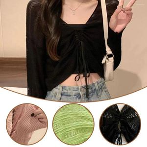 Women's Knits Spring Autumn Solid Color Slim Cardigan Woman Sweet Green Black Knitted Out Hollow White L J1i9