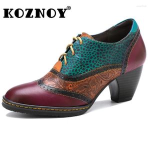 Kleiderschuhe Koznoy 7cm Druck ethnisch geprägter klobiger Absatz Britisch Echtes Leder Sommer Herbst Frauen große Größe Preppy Stil gemischte Farbe