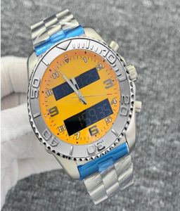 2021 Nya män Titta på Dual Time Zone Electronic Pointer Display Yellow Dial Montre de Luxe Armturer Mens Sport Watches1522581