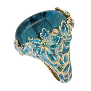 Bröllopsringar Elegant kvinnor Fashion Gold Color Carving Emalj Flower Rings for Women Creativity Inlaid Blue Stone Engagement Ring Smycken