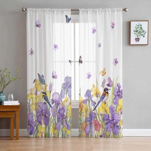 Curtain Iris Watercolor Butterfly Bird Triangle Tulle Sheer Curtains For Living Room Kitchen Children Bedroom Voile Hanging